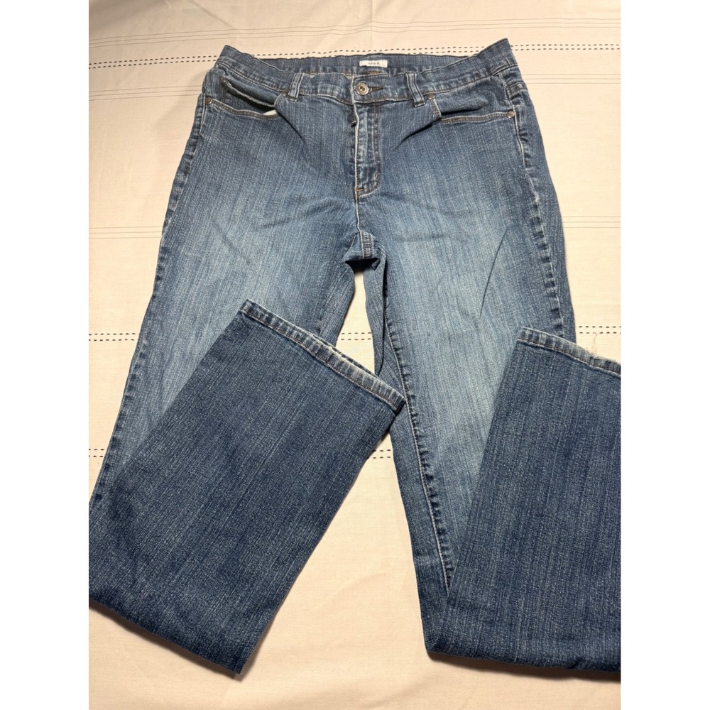 Liz & Co Womens Straight Leg Stretch Jeans Blue Embroidered Back Pockets Size 8